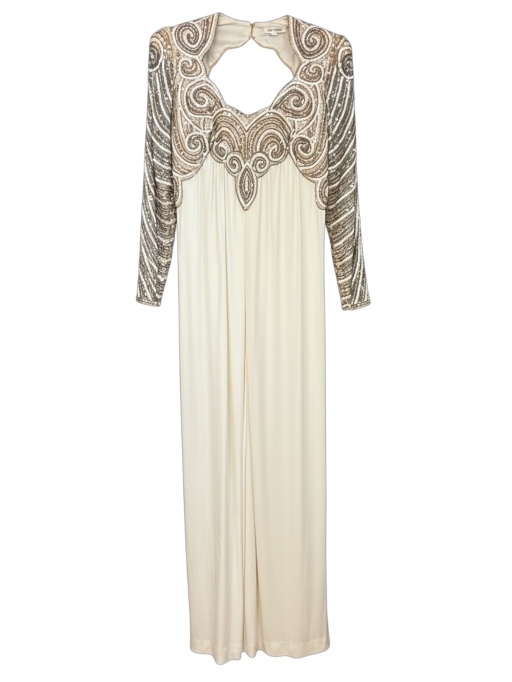 Vintage Ivory Gold Beaded Sequin Maxi Dress Long Sleeve Keyhole Formal Gown - Picture 2 of 11